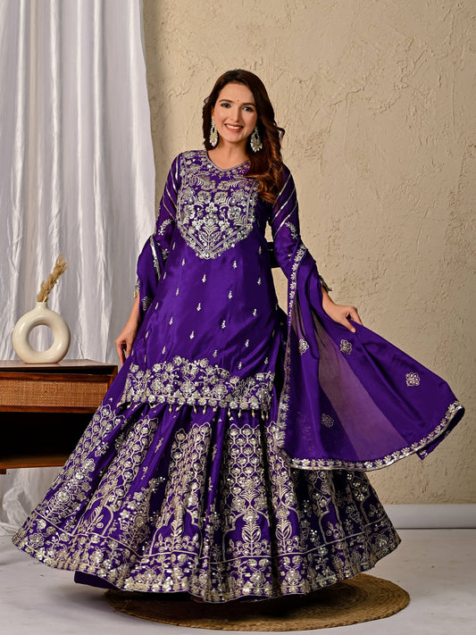 LadyVastara Royal Purple Luxurious Wedding & Party Wear Heavy Embroidered Sharara Suit
