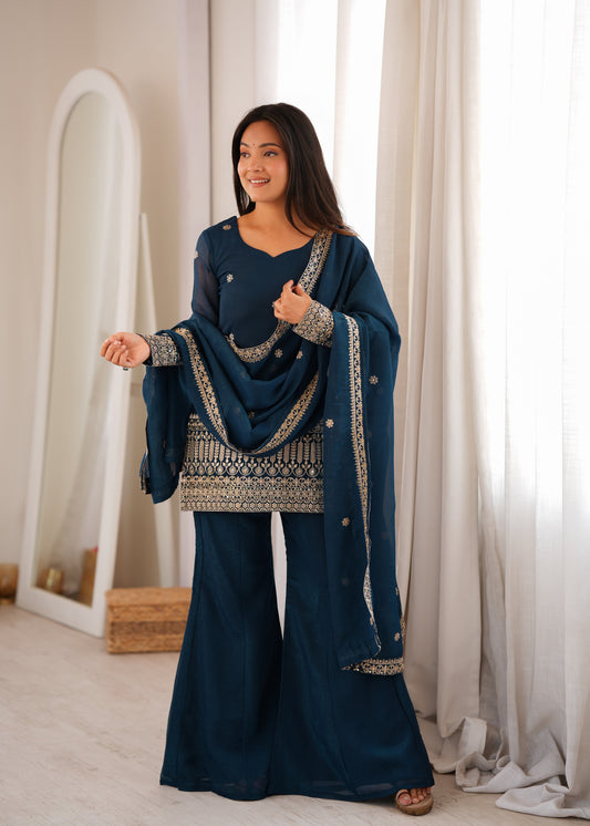 LadyVastara Crunchy Silk Embroidered Kurta with Bell Bottom Pant & Dupatta