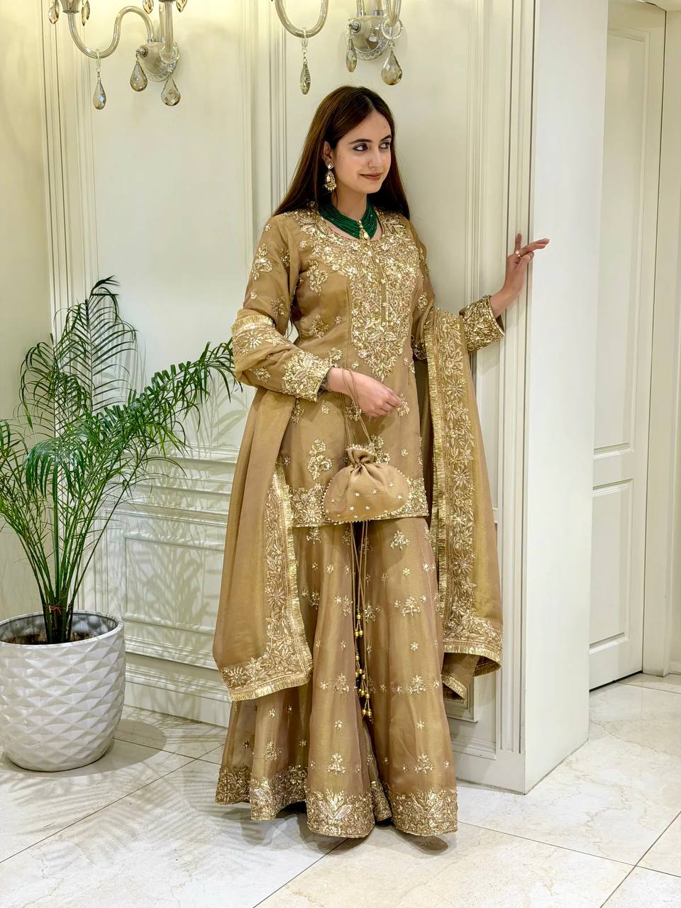 Women's Pure NC Moss Silk Embroidered Kurta Palazzo Set with Dupatta