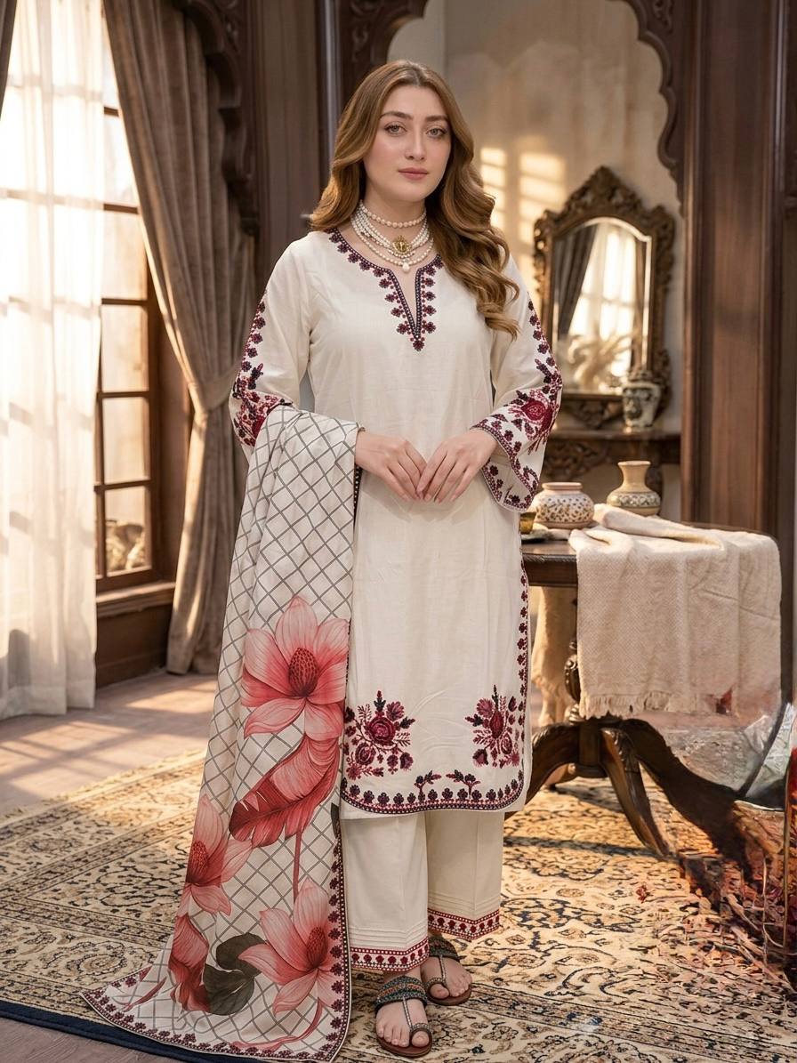 LadyVastara Graceful Embroidered Kurta Plazzo Set with Designer Dupatta