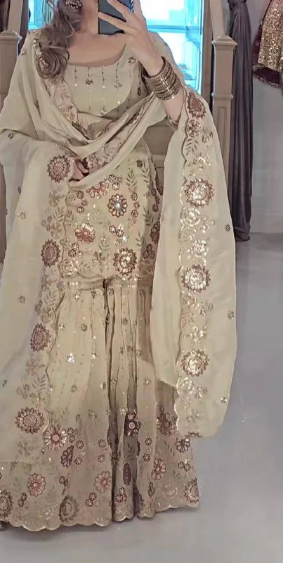 LadyVastara Designer Heavy Chinnon Silk Sequin Embroidered Sharara Palazzo Set with Dupatta