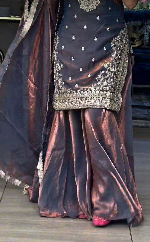 LadyVastara Luxury Embroidered Fandy Silk Sharara Suit for Engagement & Reception