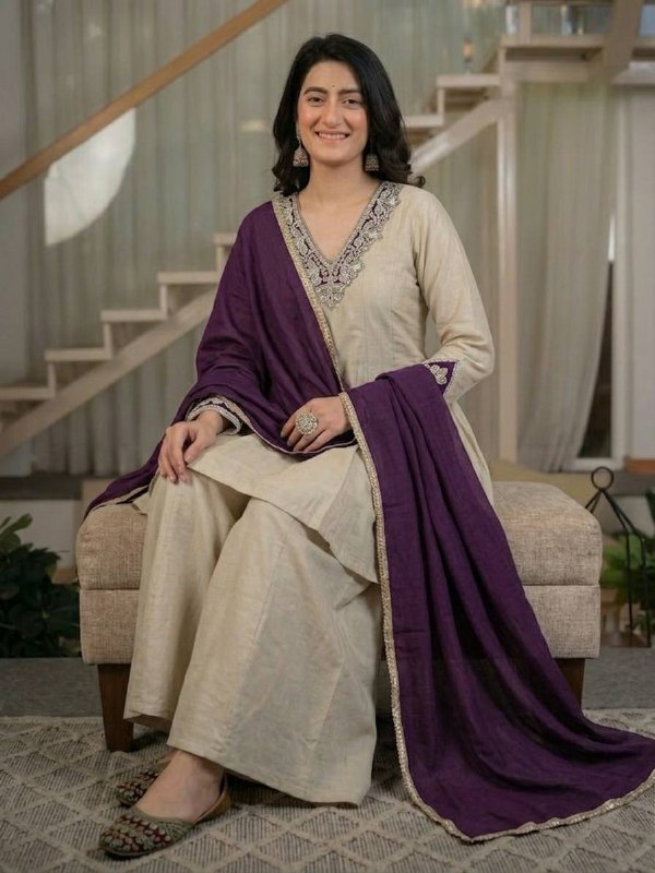 LadyVastara Women's Heavy Roman Silk Embroidered Sharara Suit Set with Hand Work, Chinnon Silk Dupatta