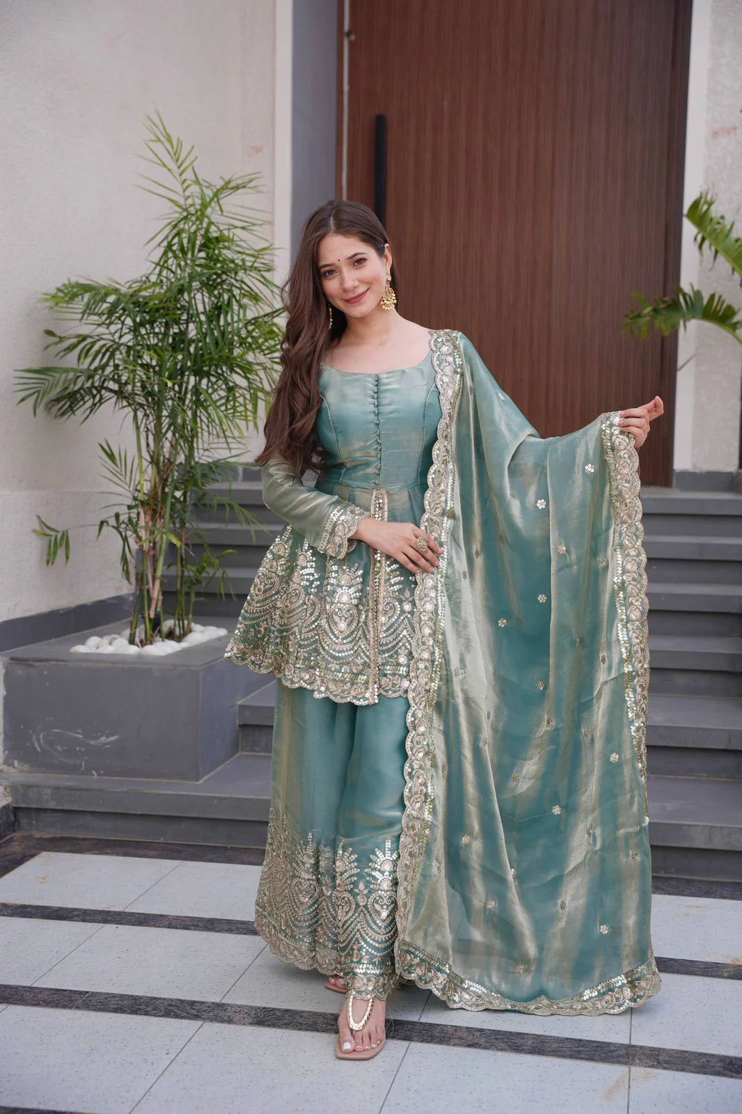 LadyVastara Designer Party Wear Two-Tone Fendy Satin Silk Gown Sharara Set with Heavy Embroidery, Real Mirror Work & Dupatta