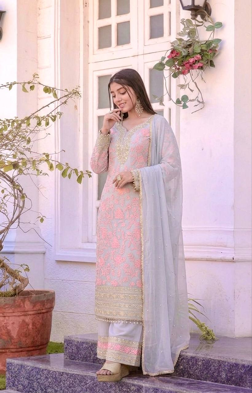 LadyVastara Elegant Faux Georgette Embroidered Kurta Plazzo Set with Dupatta