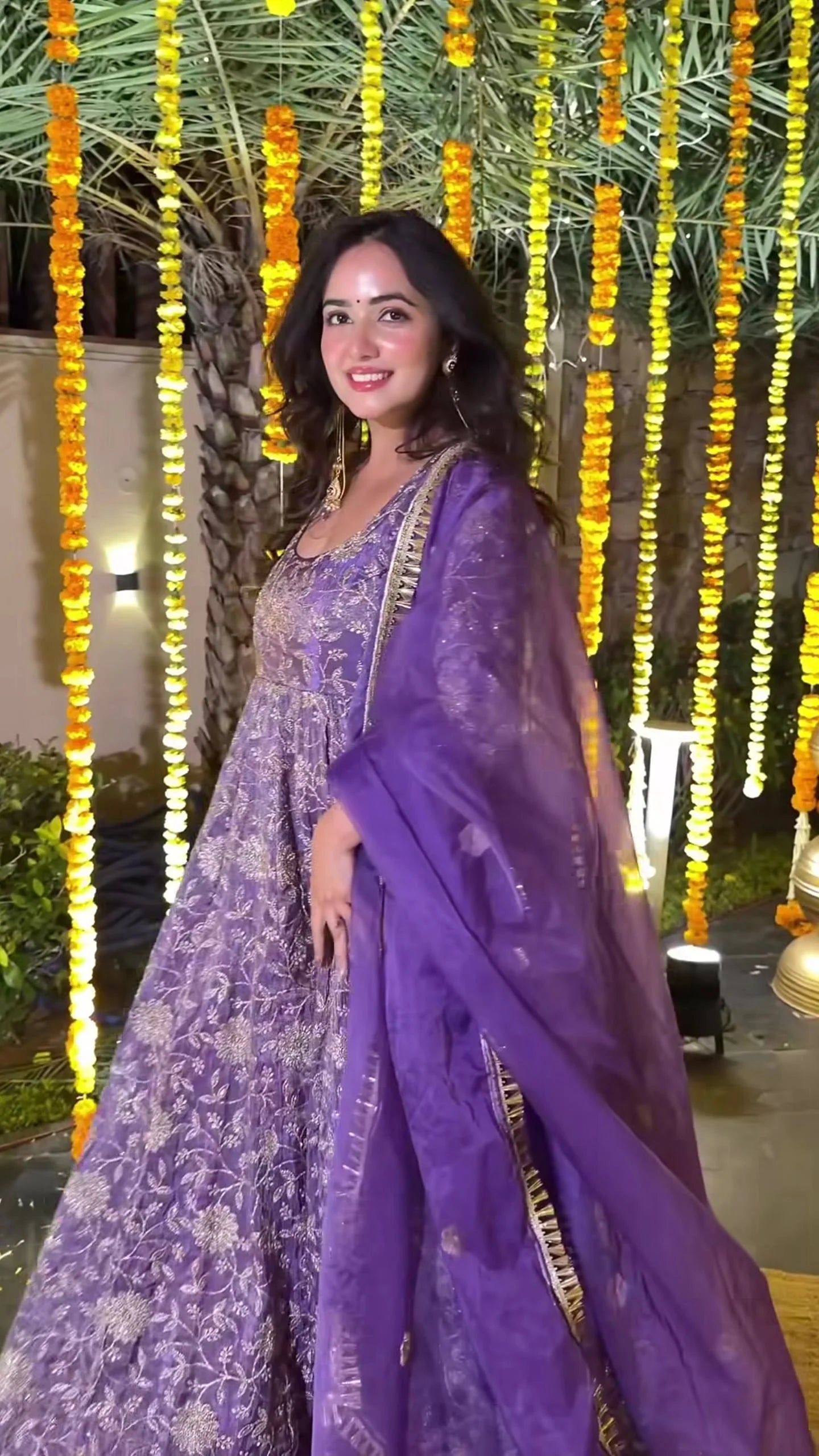 LadyVastara Purple Embroidered Crunchy Silk Anarkali Suit Set with Organza Dupatta