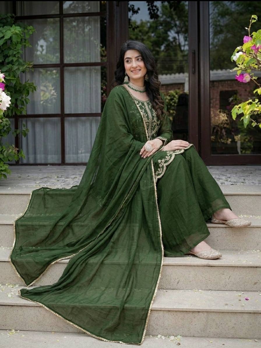 LadyVastara Royal Green Embroidered Kurta Palazzo Dupatta Set for Women