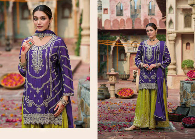 LadyVastara purple-yellow Sharara suit that is ideal for this festive season