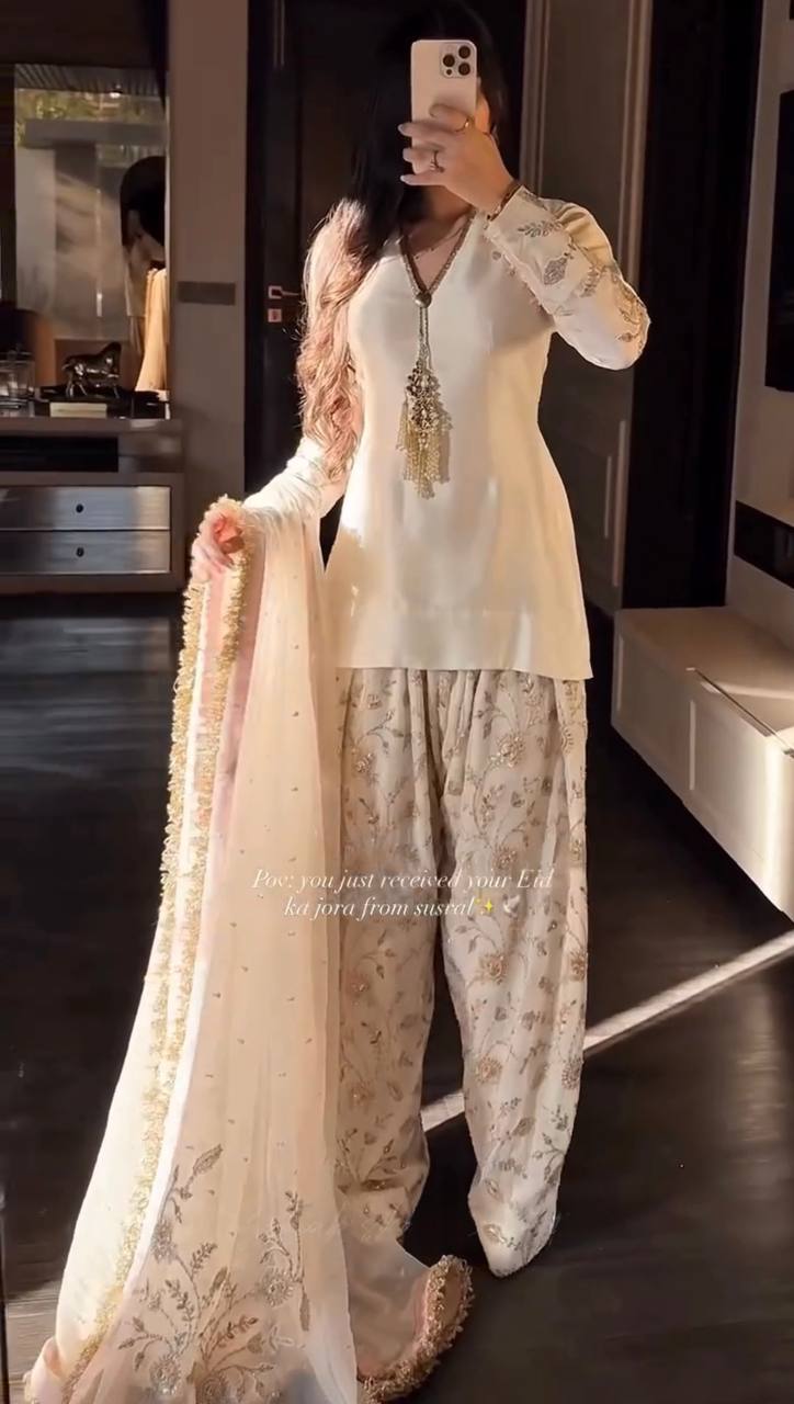 Ladyvastara Luxury Party Wear Farshi Plazzo Suit with Embroidered Organza Dupatta