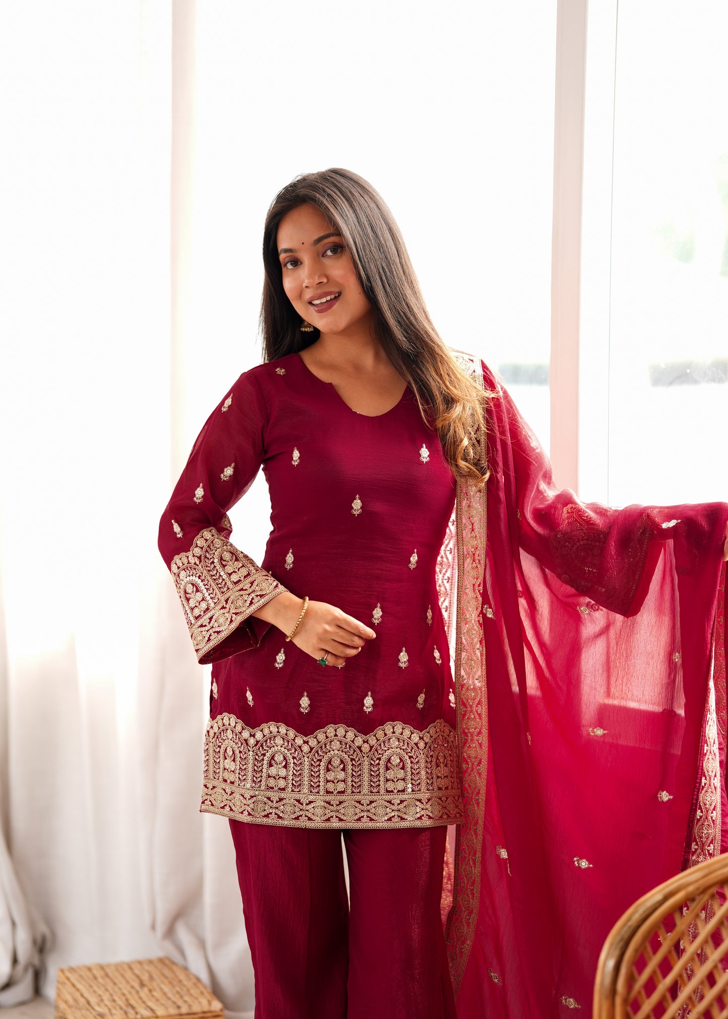 LadyVastara Designer Crunchy Silk Embroidered Kurta Bell Bottom Pant Set with Dupatta