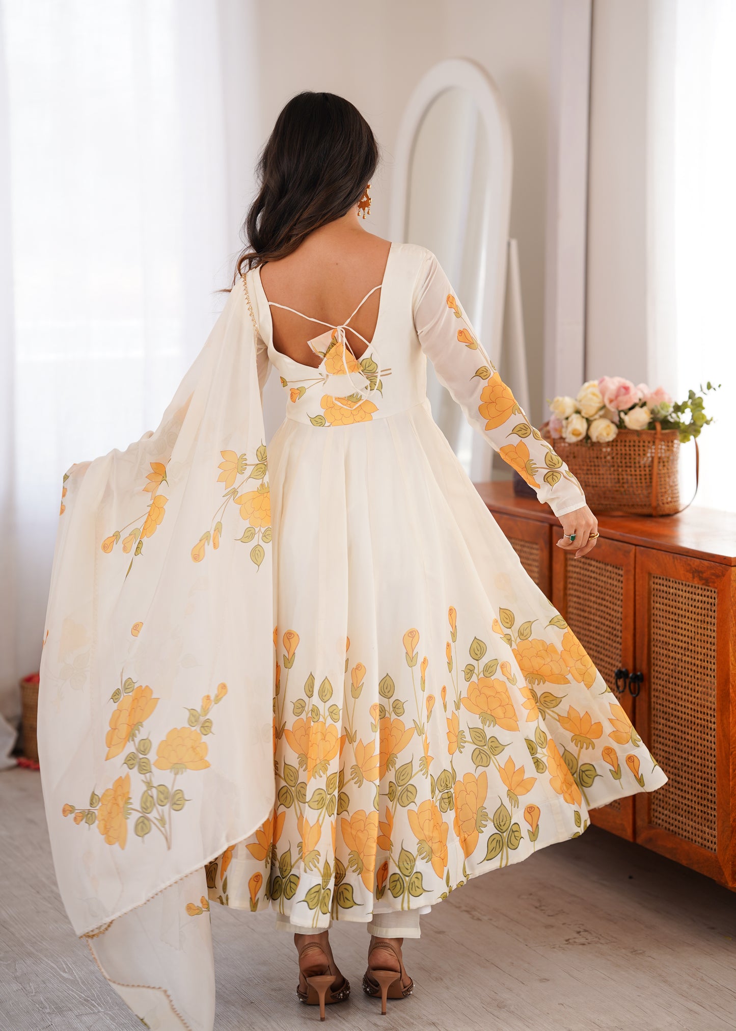 LadyVastara Women's Heavy Organza Silk Floral Print Anarkali Gown Set with Dupatt