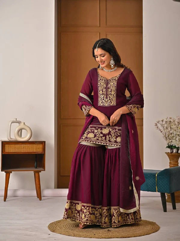 LadyVastara Premium Heavy Fendy Silk Embroidery Sharara Palazzo Suit