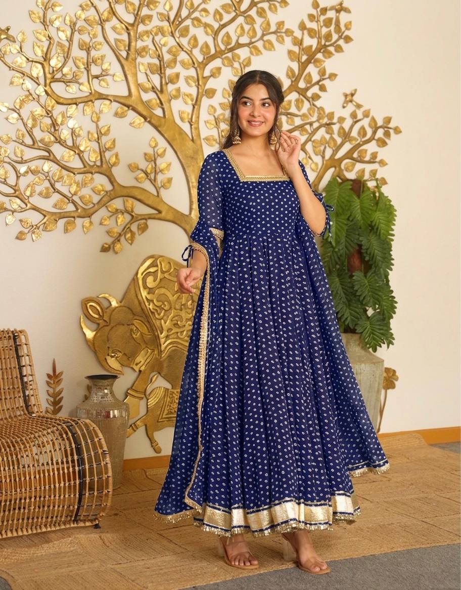 LadyVastara Bandhej Print Faux Georgette Gown Set with Dupatta & Bottom