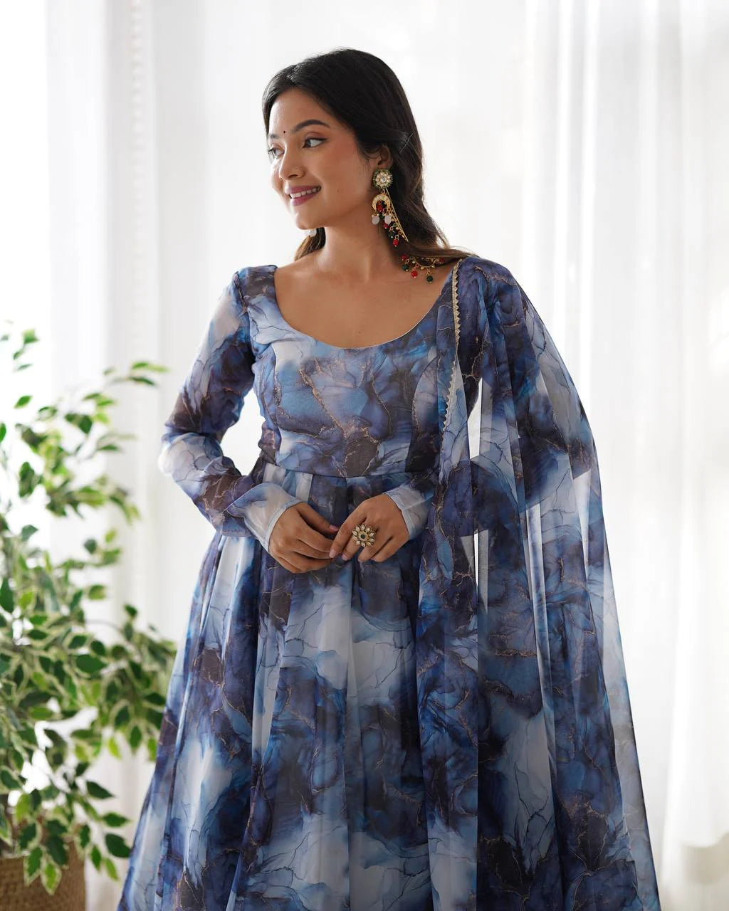 LadyVastara Women’s Pure Soft Organza Silk Marble Print Anarkali Suit Set with Gota Patti Dupatta