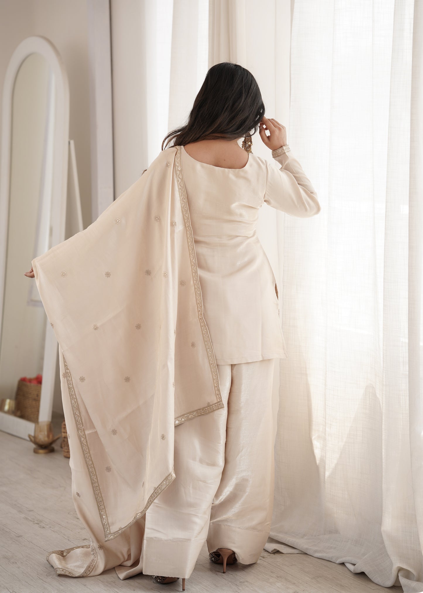 LadyVastara Designer Glass Roman Silk Embroidered Kurta with Farshi Shalwar & Dupatta Set