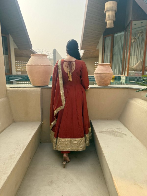 LadyVastara Heavy NC Vichitra Embroidered Anarkali Suit Set with Pant & Sequence Dupatta