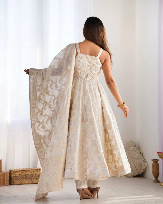 LadyVastara Royal Banarasi Jackquard Dola Silk Anarkali Gown Set