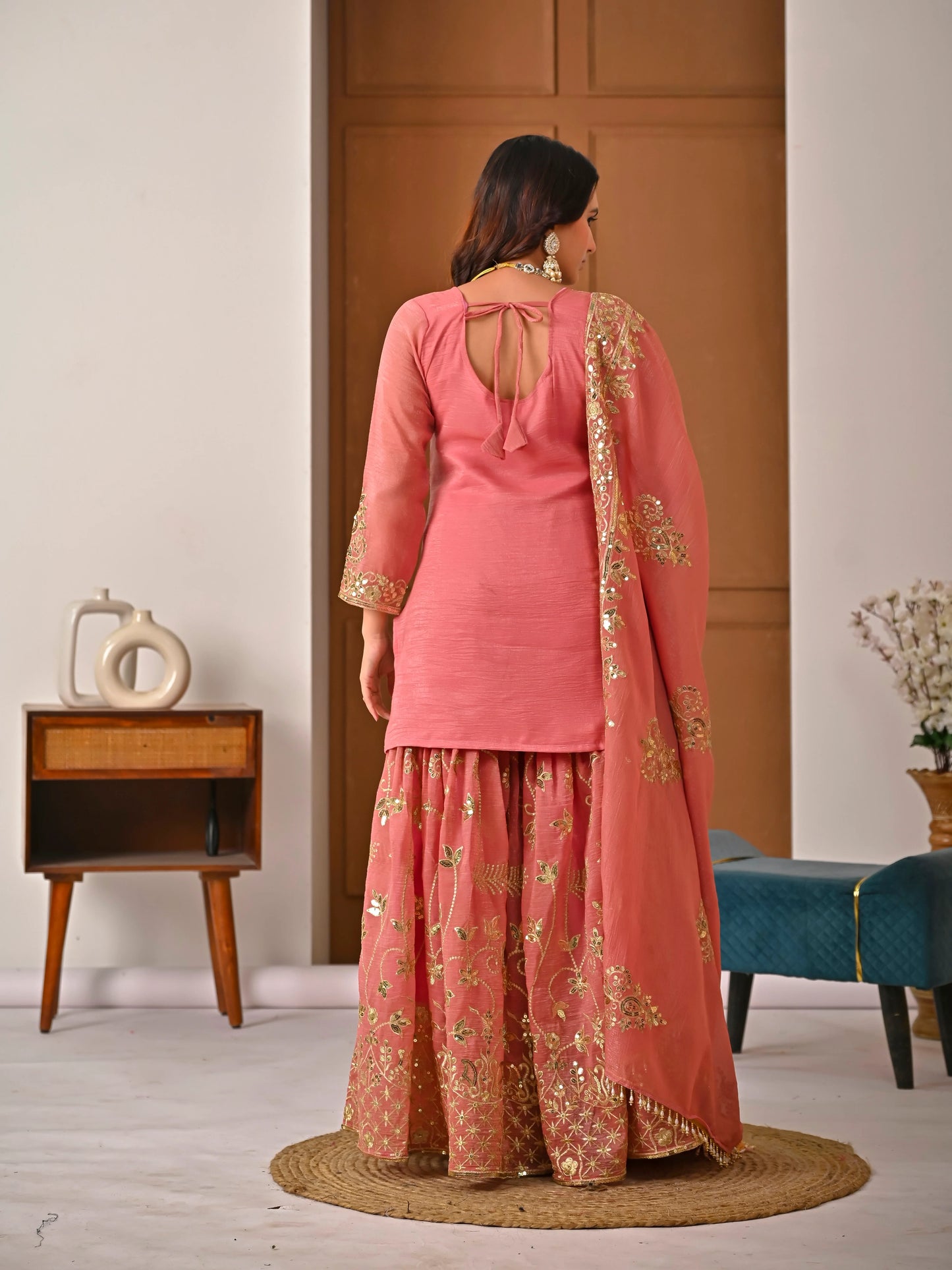 LadyVastara Royal Peach Crunchy Silk Embroidered Sharara Set