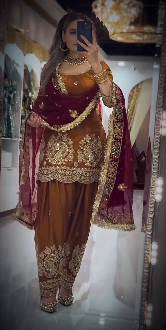 LadyVastara Heavy Embroidered Crushi Silk Top with Stylish Farshi Salwar Set