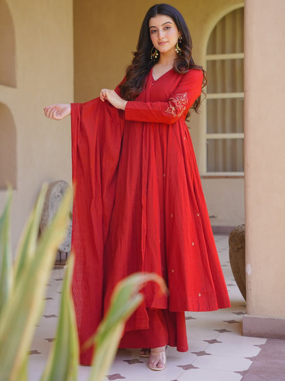 LadyVastara Heavy Roman Silk Embroidered Anarkali Kurta Set with Palazzo & Chanderi Silk Dupatta