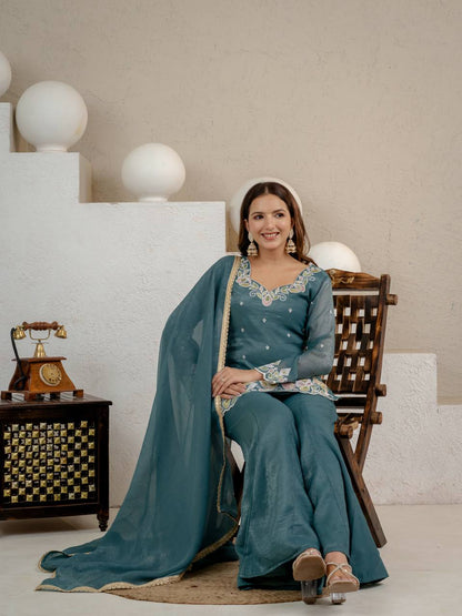 LadyVastara Heavy Crunchy Silk Embroidered Kurta Set with Palazzo & Dupatta
