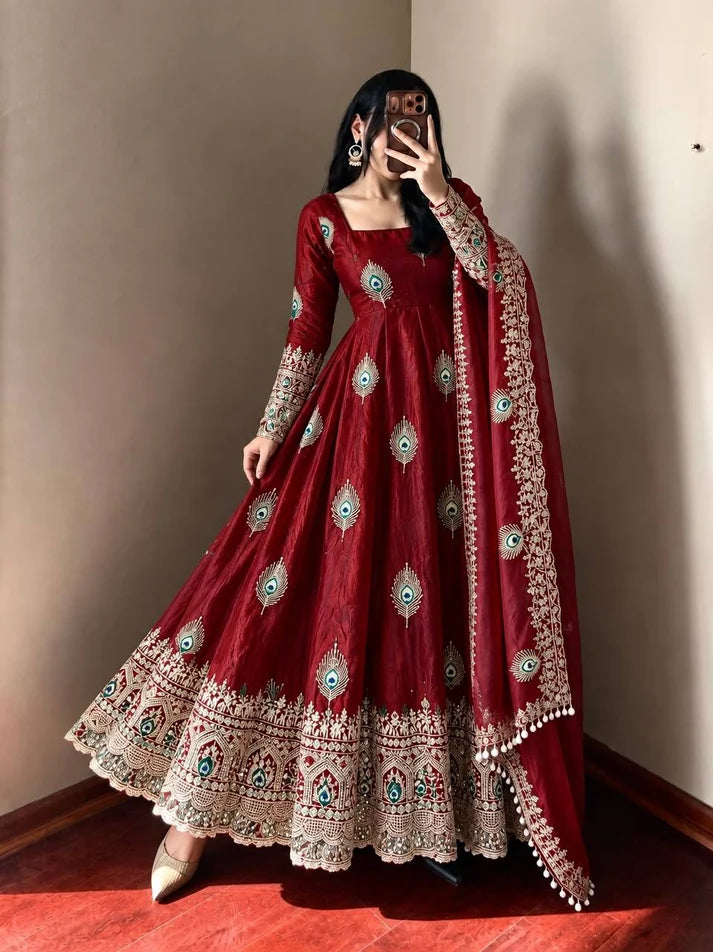 Exclusive Designer Fendy Silk Gown with Heavy Sequence Embroidery – Wedding, Festive & Party Wear