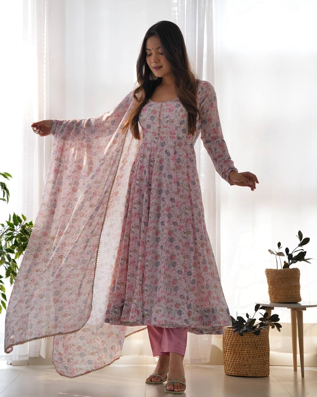 LadyVastara Floral Orange Chiffon Anarkali Set With 4 Meter Flair & Shawl Style Dupatta