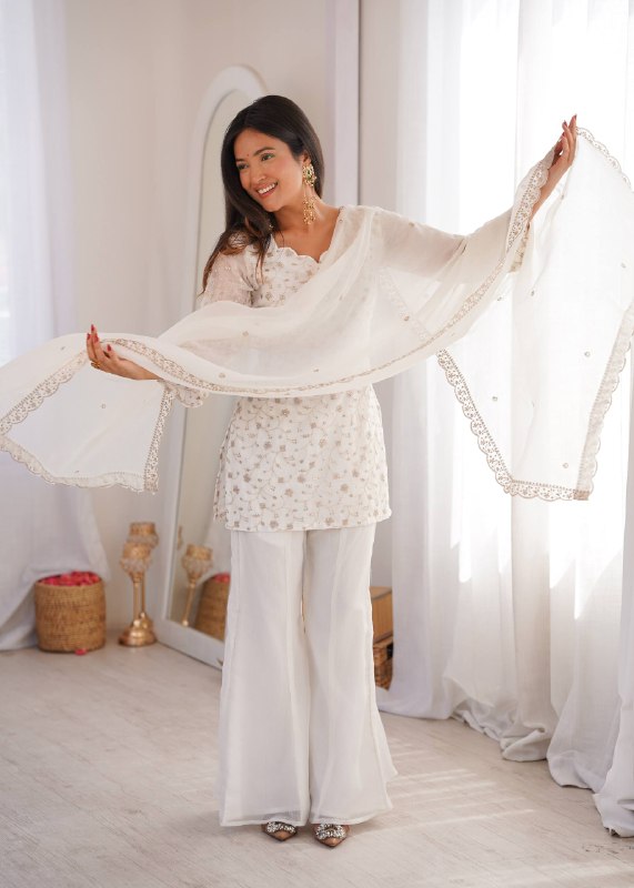 LadyVastara Designer Crunchy Silk Kurta Bell Bottom Set With Embroidery Sequence & Zari Work Dupatta