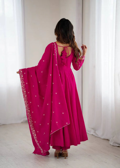LadyVastara Premium Roman Chanderi Silk Flared Anarkali Suit Set with Embroidered Dupatta for Wedding & Festive Wear