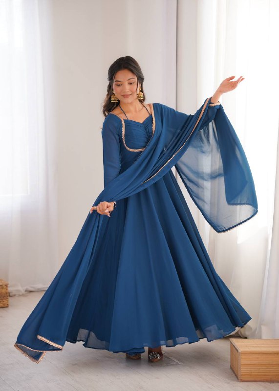 LadyVastara Premium Designer Fox Georgette Long Gown with Rich Flare & Lace Dupatta