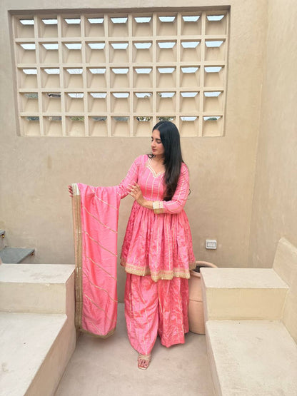 LadyVastara Royal Embroidered Vichitra Silk Sharara Suit with Dupatta