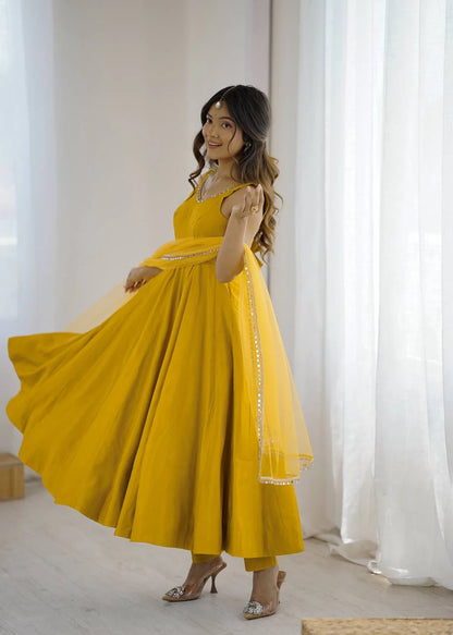LadyVastara Premium Chanderi RomanSilk Anarkali with Soft Net Dupatta & Fancy Lace Work