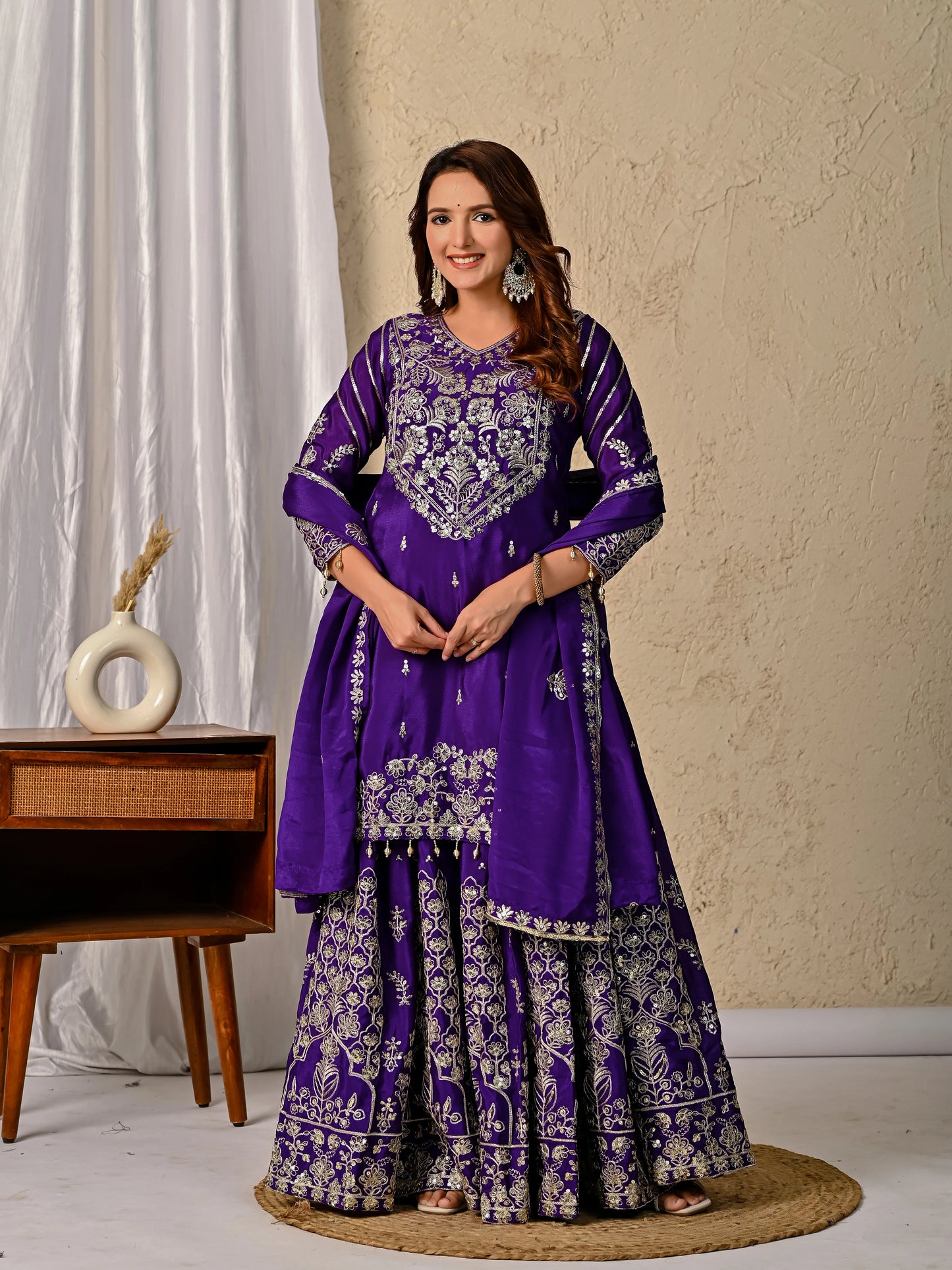 LadyVastara Royal Purple Luxurious Wedding & Party Wear Heavy Embroidered Sharara Suit