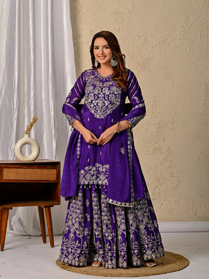 LadyVastara Royal Purple Luxurious Wedding & Party Wear Heavy Embroidered Sharara Suit