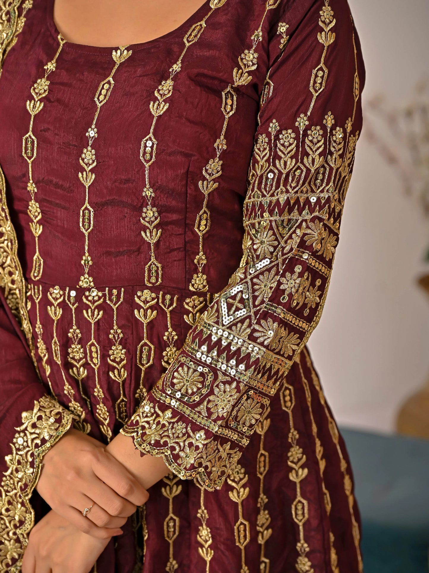 LadyVastara Elegant Maroon Ethnic Kurta Palazzo Set with Full Embroidery