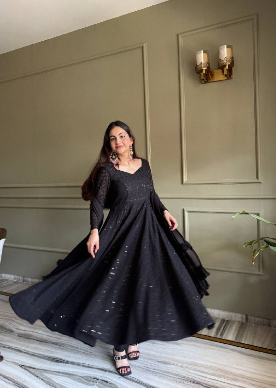 LadyVastara Heavy Fox Georgette Lucknowi Embroidered Anarkali Suit Set with Ruffle Dupatta