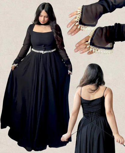LadyVastara  Elegant Designer Faux Georgette Maxi Anarkali Suit Set With Koti & Dupatta