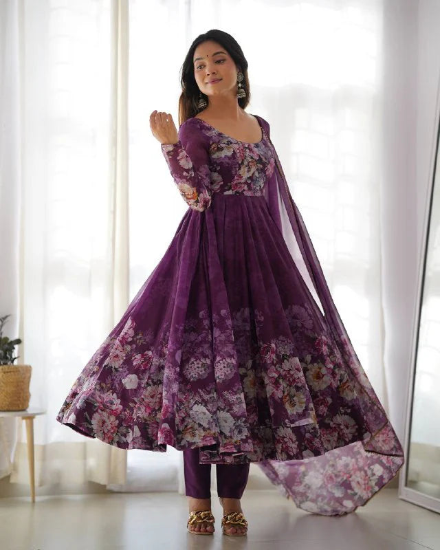 LadyVastara Pure Soft Organza Silk Fully Flared Kali Cut Anarkali Suit Set with Dupatta & Pant