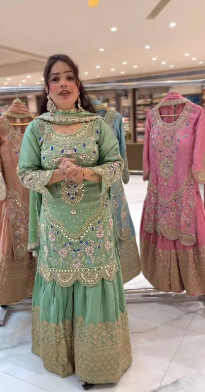 LadyVastara Mint Green Embroidered Sharara Suit | Perfect for Wedding Functions & Reception