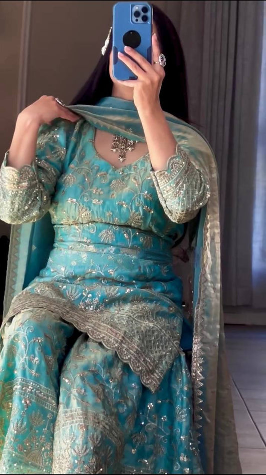 Designer Sequins Embroidered Sharara Suit with Dupatta for Women