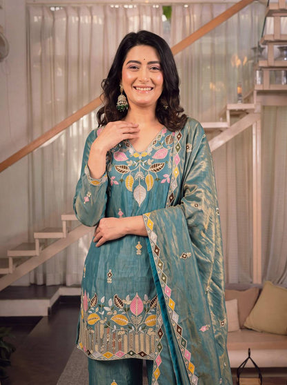LadyVastara Premium Sindoori Satin Silk Embroidered Palazzo Suit Set for Women