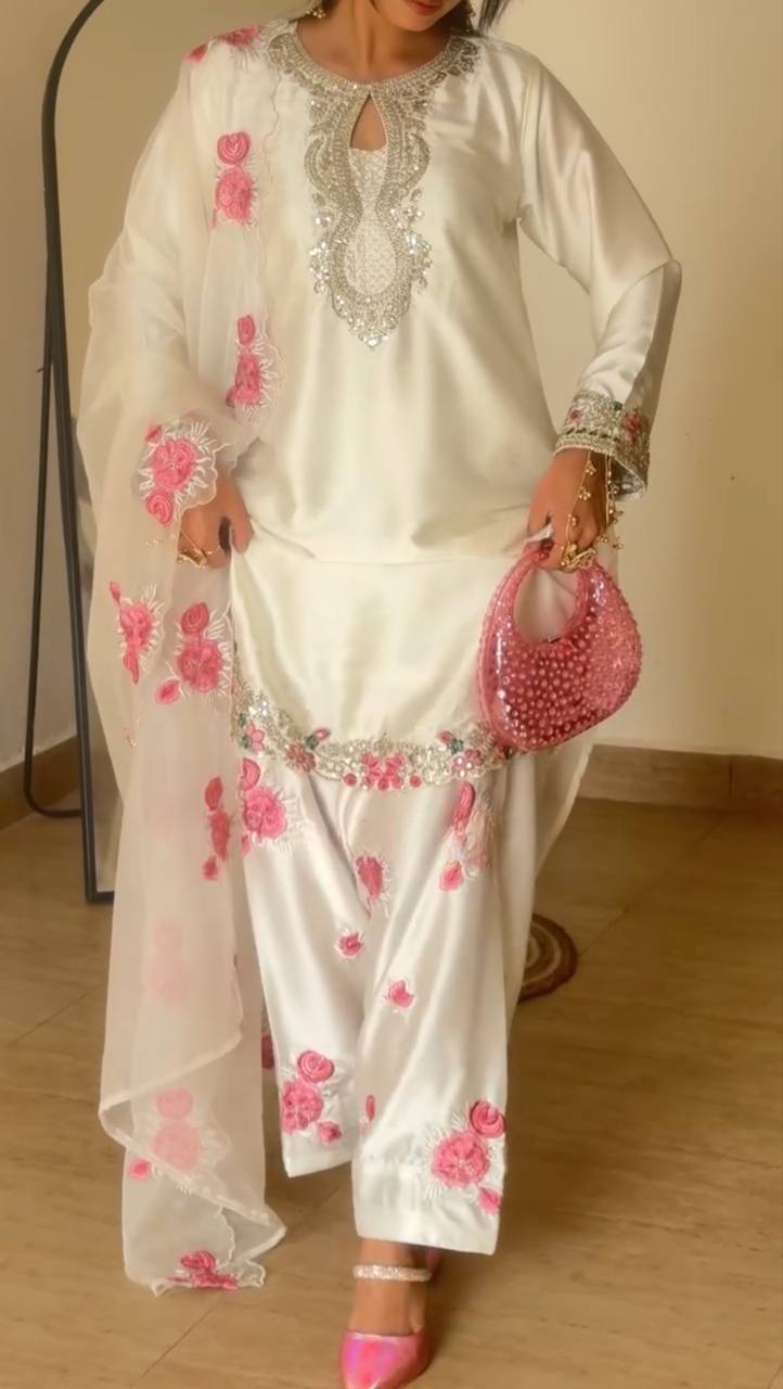 Ladyvastara Heavy Japan Satin Kurti Set with Farshi Salwar & Organza Dupatta