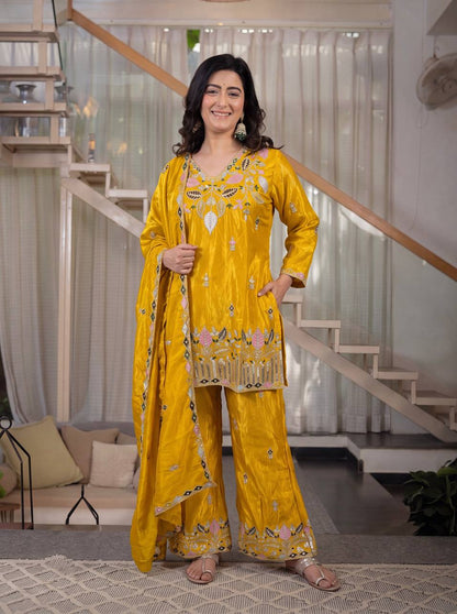LadyVastara Premium Sindoori Satin Silk Embroidered Palazzo Suit Set for Women