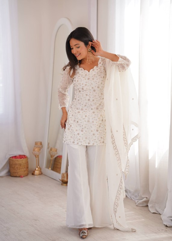 LadyVastara Designer Crunchy Silk Kurta Bell Bottom Set With Embroidery Sequence & Zari Work Dupatta