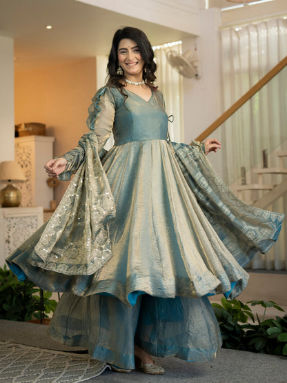 Designer Heavy Fandy Silk Embroidered Anarkali Suit Set with Palazzo & Dupatta
