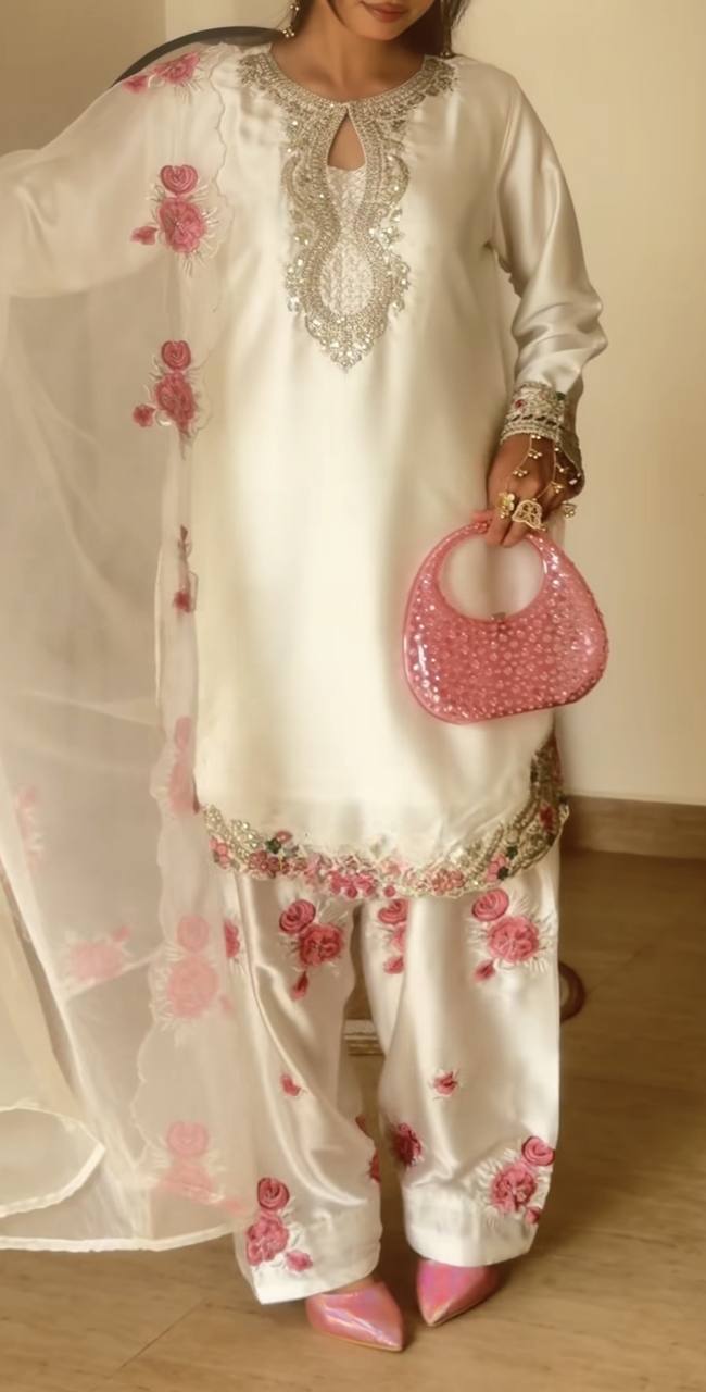 Ladyvastara Heavy Japan Satin Kurti Set with Farshi Salwar & Organza Dupatta