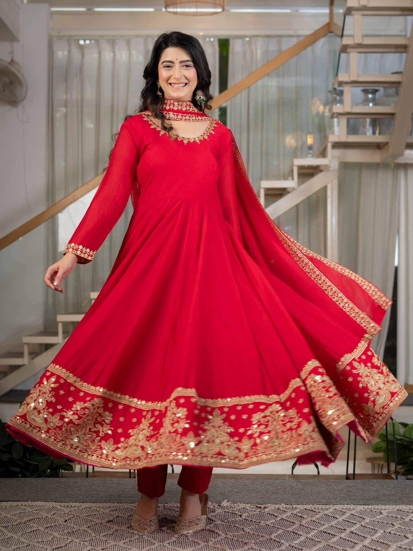 LadyVastara Heavy Rangoli Crush Embroidered Anarkali Suit Set with Pant & Dupatta