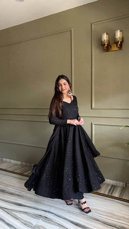 LadyVastara Heavy Fox Georgette Lucknowi Embroidered Anarkali Suit Set with Ruffle Dupatta