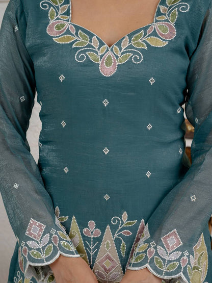LadyVastara Heavy Crunchy Silk Embroidered Kurta Set with Palazzo & Dupatta