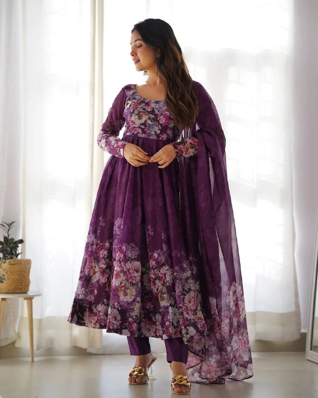 LadyVastara Pure Soft Organza Silk Fully Flared Kali Cut Anarkali Suit Set with Dupatta & Pant